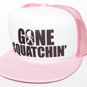 Gone Squatchin' Flat Funny trucker Cap Hat Big foot Pink/White
